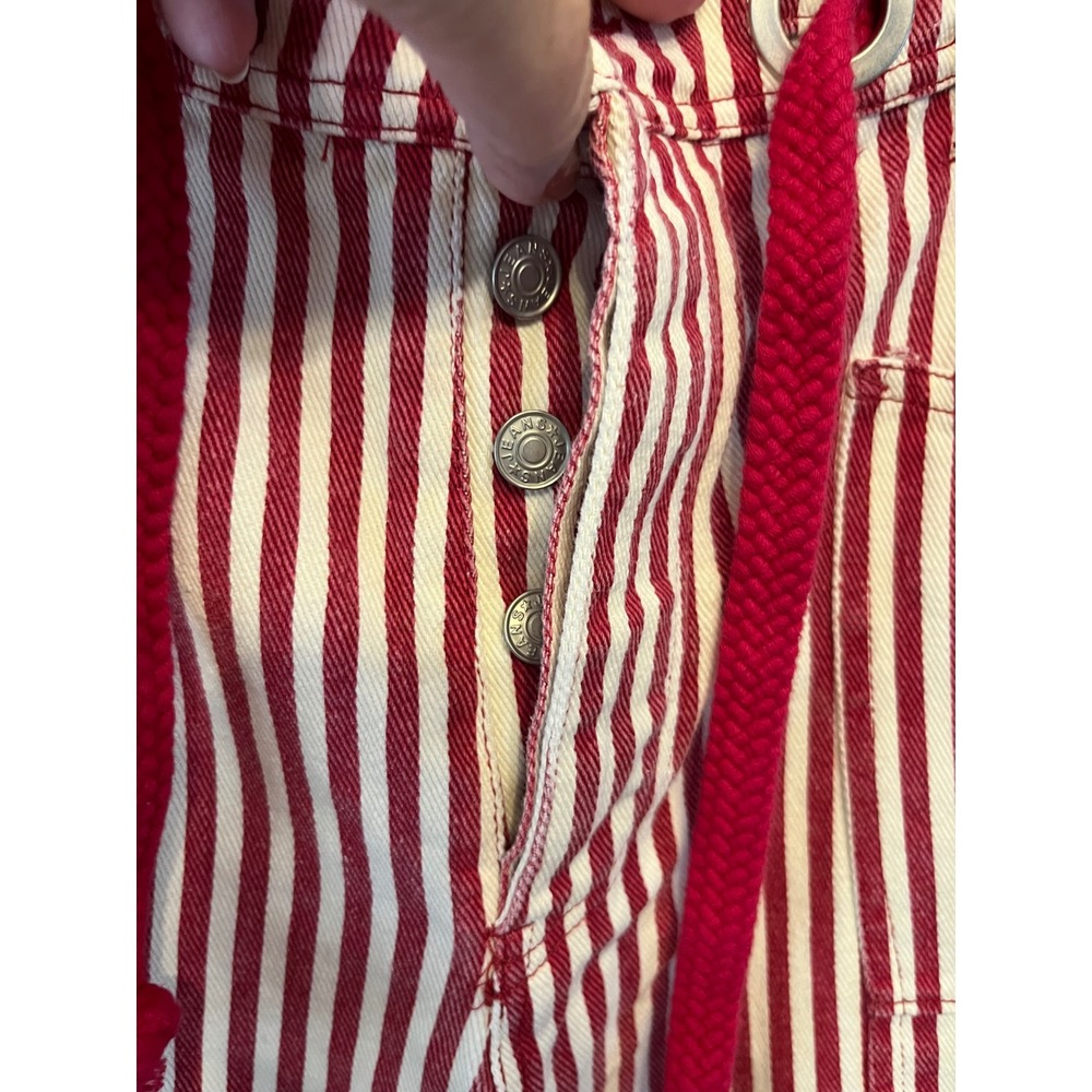 BIBI Red White Striped Denim Patchwork Pants XL Drawstring Grommet Utility Jeans - Picture 4 of 6